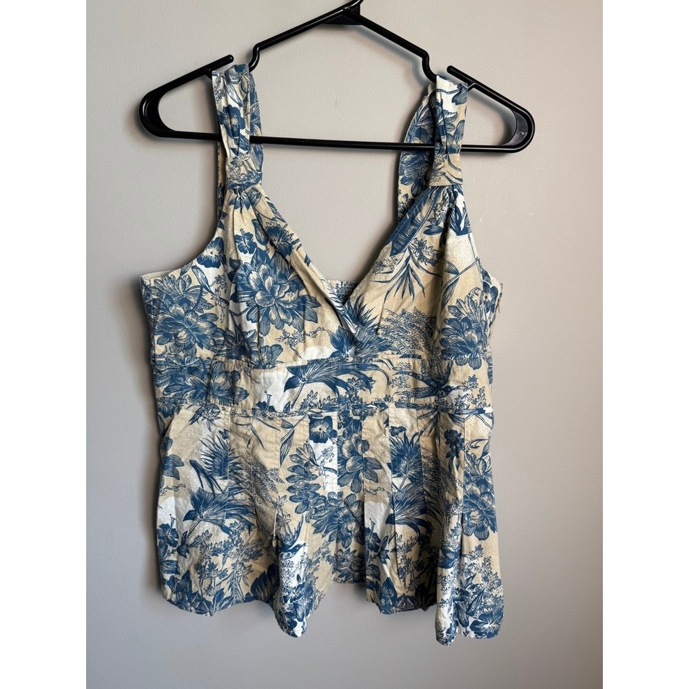 Point Zero Nicole Benisti Floral Toile Peplum Tank Top L Boho Coastal Resort